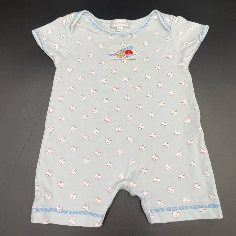 Little Me Light Blue Baseball Print One-Piece Romper